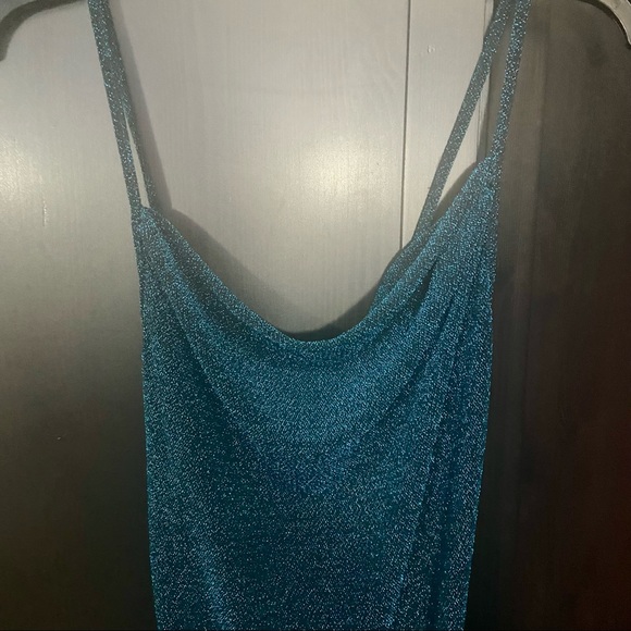 Lk New Blue Green Mermaid Glitter Cowl Drape Neck Ruched Side Bodycon Dress XS - Picture 5 of 6